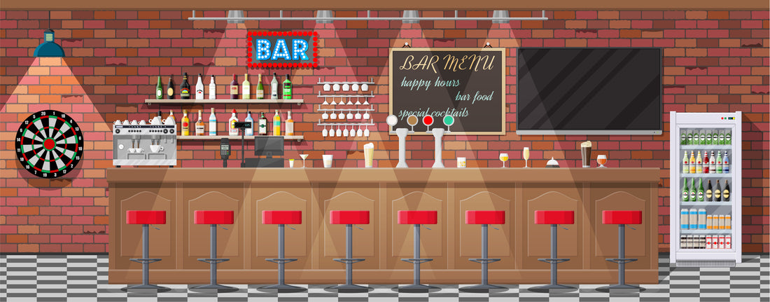 portrait image of bar with red stools and alcohol 